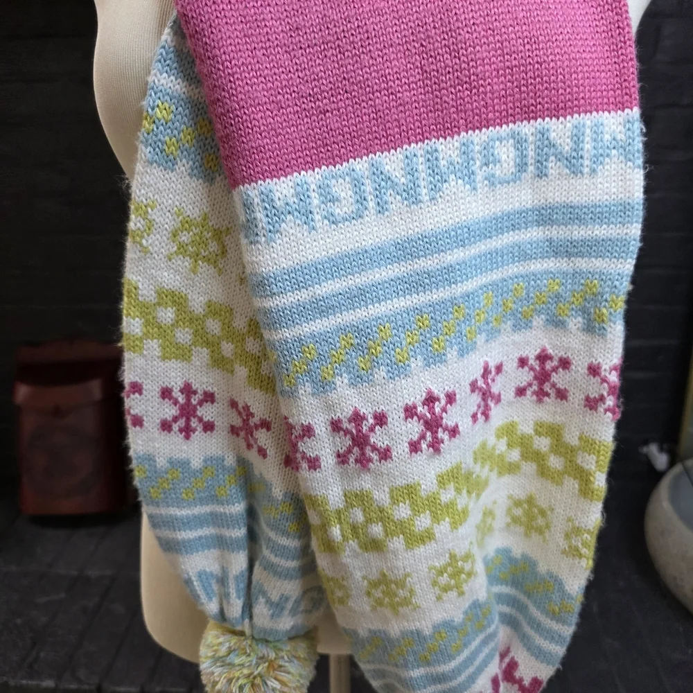 BY MNG Knit Scarf Pom Pom Snowflakes Fair Isle Pink Blue Green Nordic